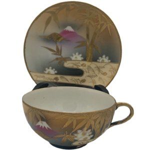 Vintage Moriage Mount Fuji Gold Hand Painted Shofu Tea Cup and Saucer Japan 2pc